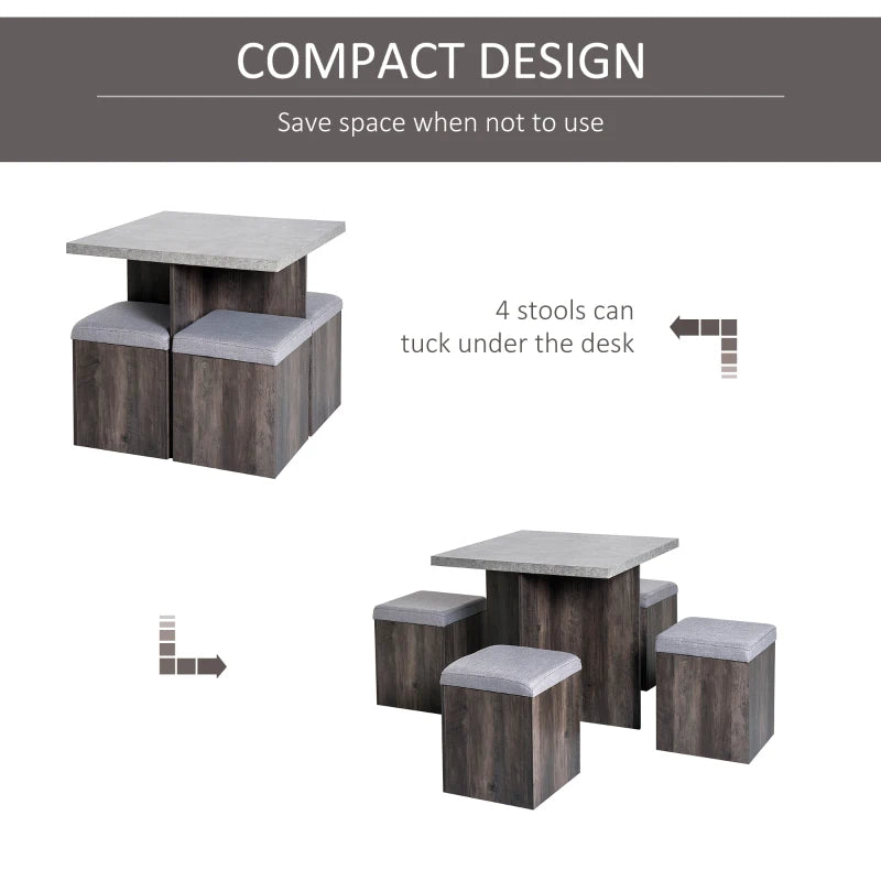 HOMCOM 5 piece Dining Set, Dining Table and 4 Storage Ottoman Stools with Cushions, Space Saving Design, Grey