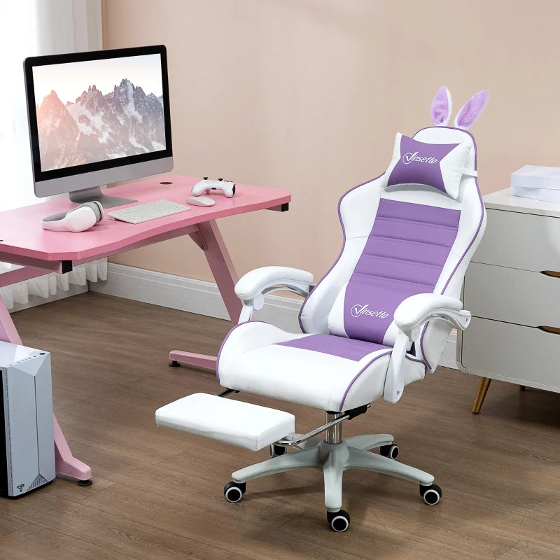 Vinsetto Racing Gaming Chair, Reclining PU Leather Computer Chair with Removable Rabbit Ears, Footrest, Headrest and Lumber Support, Purple