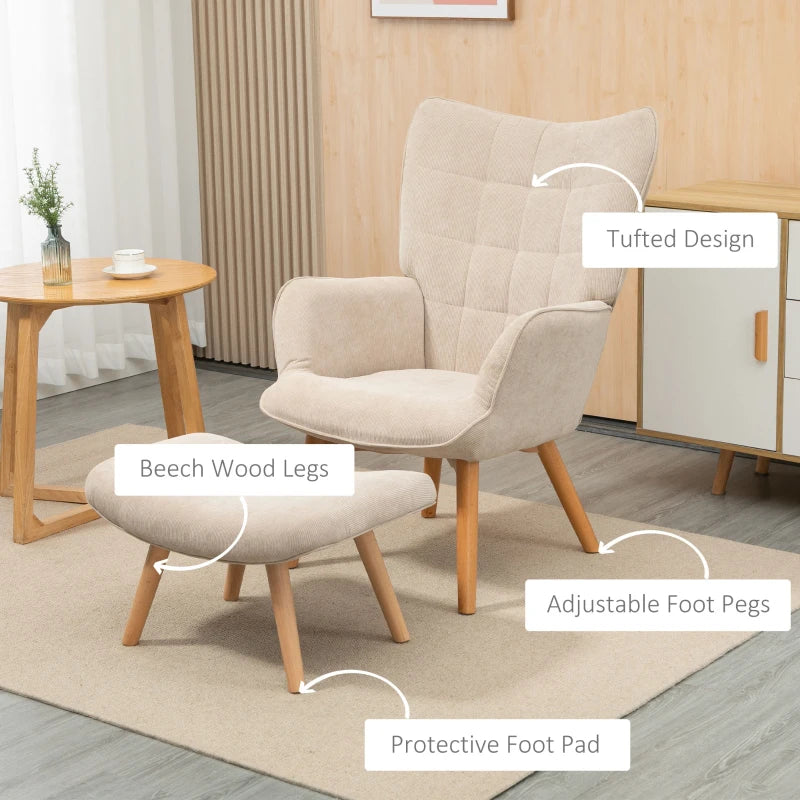 HOMCOM Modern Accent Chair with Ottoman, Living Room Chairs with Steel Frame, Wooden Legs for Living Room, Study, Bedroom and Home Office, Beige