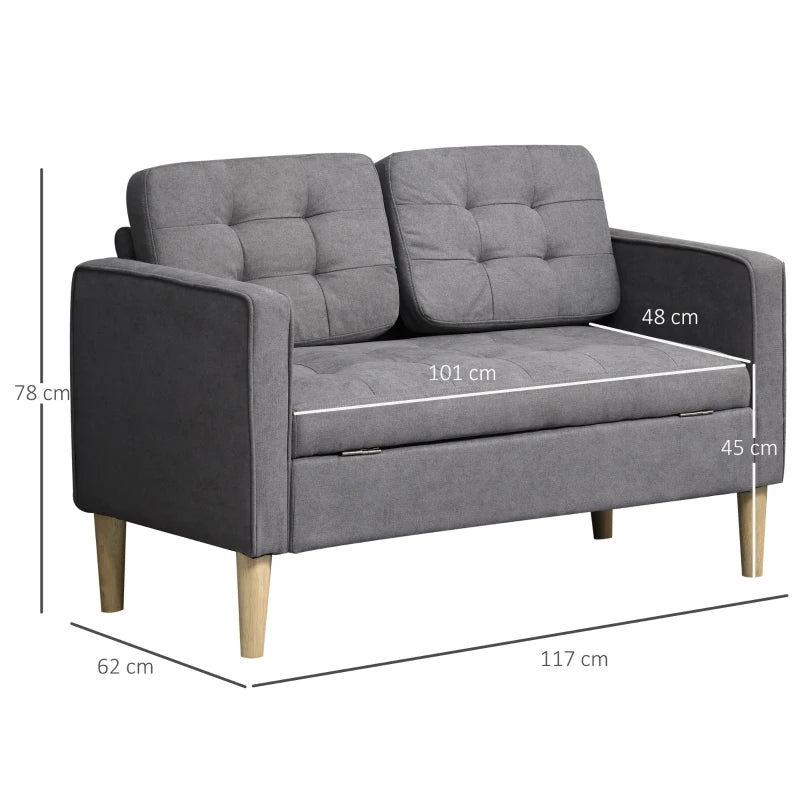 HOMCOM Modern 2-Seater Loveseat Button-Tufted Fabric Couch with Storage Chest, Rubberwood Legs, Grey