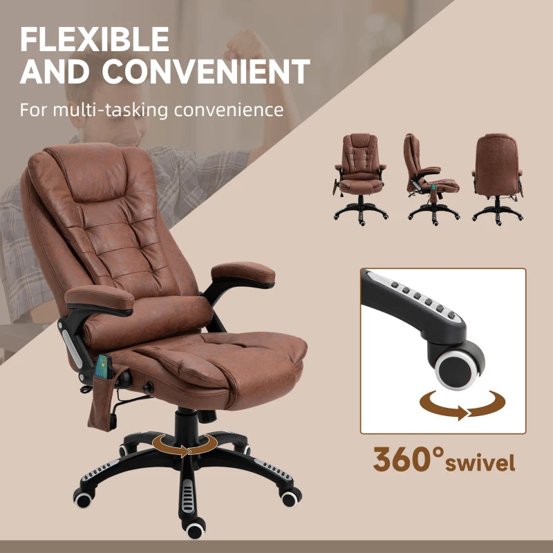 Vinsetto Massage Office Chair Recliner, Ergonomic Gaming Heated Home Office Padded & Swivel Base, Microfiber Cloth, Brown