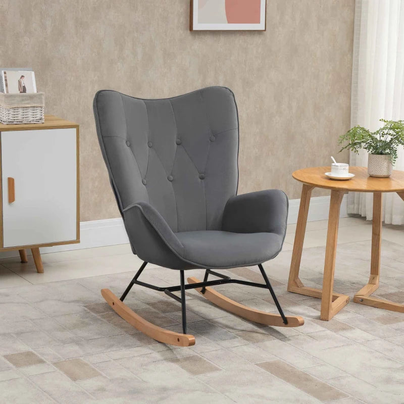 HOMCOM Rocking Chair with Steel Frame Upholstered Relax Armchair Lounge Chair Living Room Chair with Padded Seat Velvety Polyester Rubberwood Metal Dark Gray+Natural 65 x 70 x 96 cm