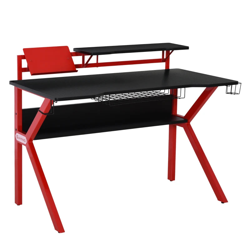 HOMCOM 136 x 66cm Gaming Desk with K Shape Legs, Computer Table with Monitor Stand, Cup Holder, Headphone Hook and Wire Basket, Red