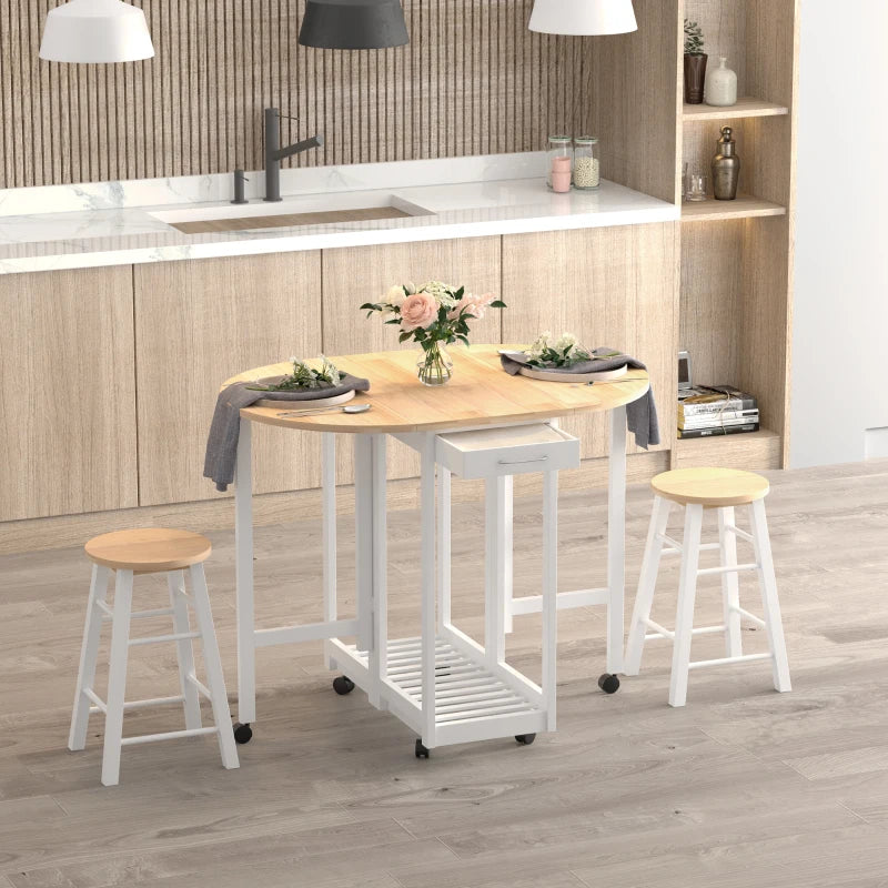 HOMCOM Pine Wood 3-Piece Compact Folding Dining Table with Stools White