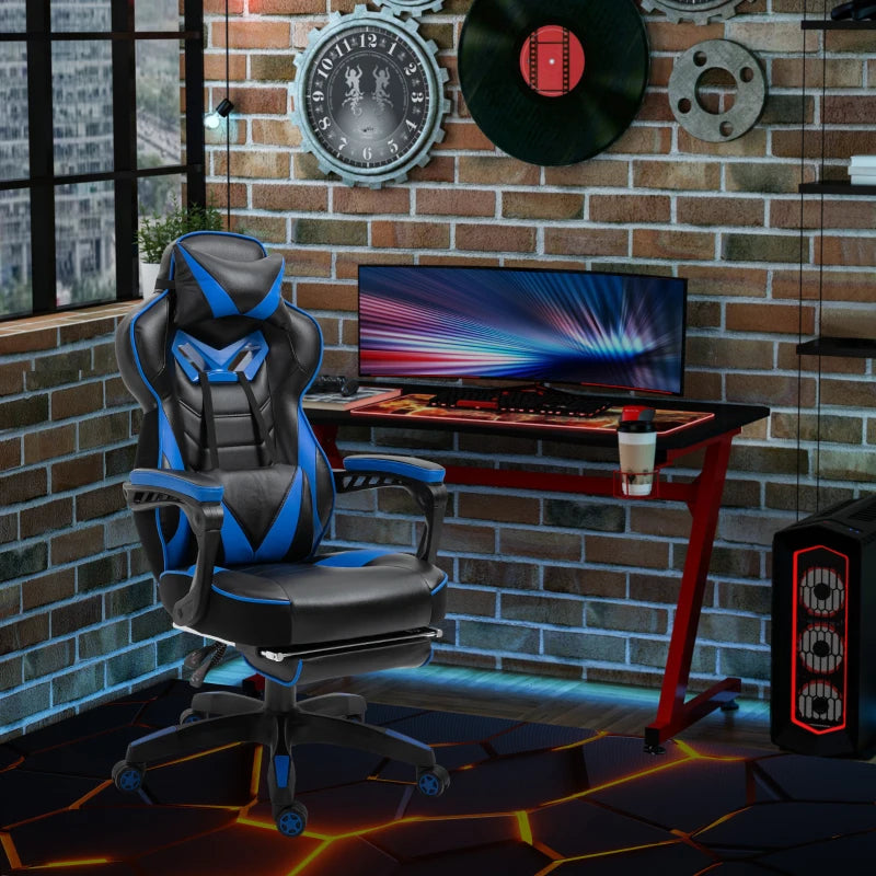 Vinsetto Faux Leather Reclining Gaming Chair, with Footrest - Blue/Black