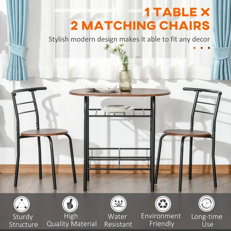 HOMCOM 3-Piece Dining Table Set , Metal Frame Wood Top Breakfast Bar Table Set for 2, Dining Table w/Storage Shelf & 2 chairs