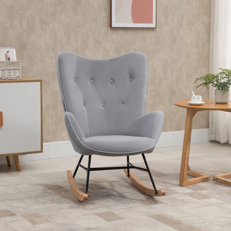 HOMCOM Rocking Chair with Ear Wings Grand Comfort Armrests Seat Backrest High Density Foam Velvet-Like Gray