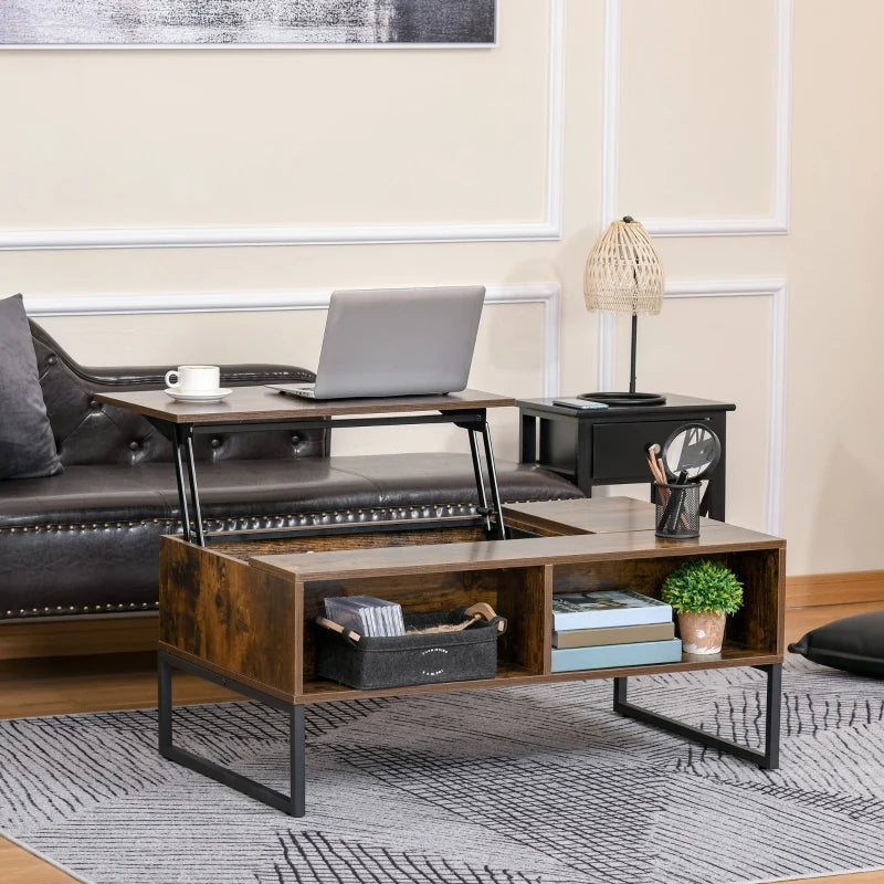 HOMCOM Lift Top Coffee Table, Industrial Coffee Table with Hidden Storage, Drawer and 2 Compartments, Extendable Living Room Table with Metal Frame, Rustic Brown