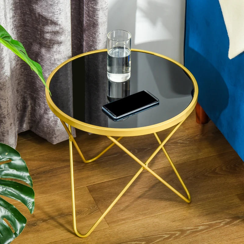 HOMCOM Glass Coffee Table, Round End Side Table, Accent Table with Tempered Glass Top and Golden Metal Legs for Living Room, Bedroom, Black