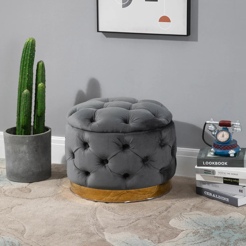 HOMCOM Round Velvet-Touch Storage Stool Ottoman Button Tufted Footrest with Removable Lid