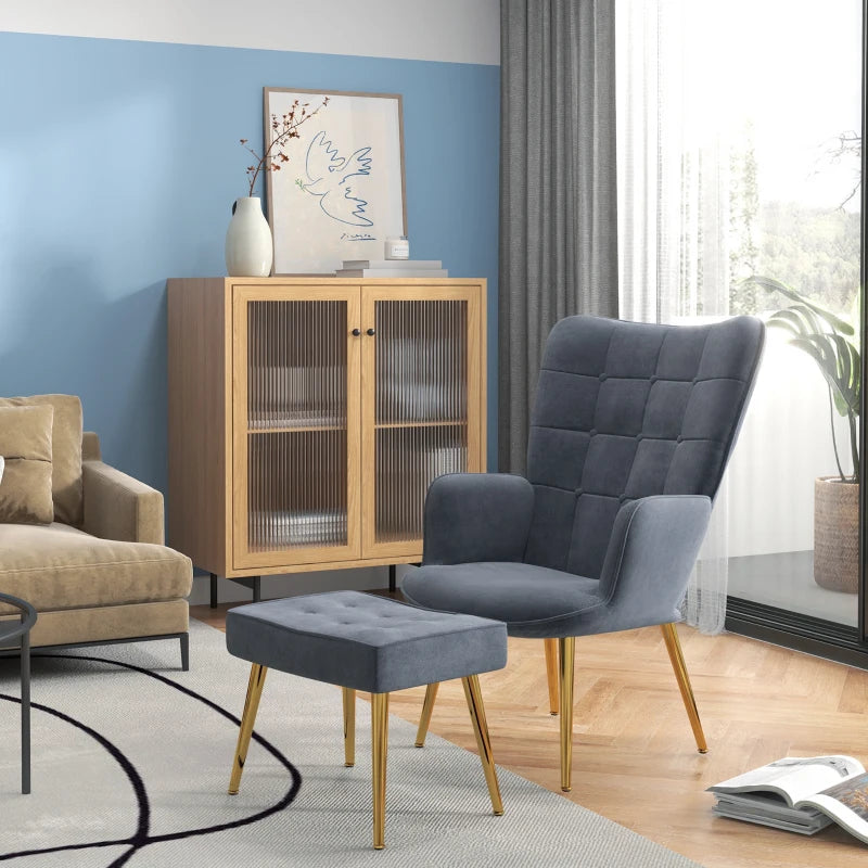 HOMCOM Modern Armchair with Footstool, Upholstered Accent Chair with Ottoman, Steel Legs, Velvet Wingback Chair for Living Room, Bedroom, Home Study, Dark Grey