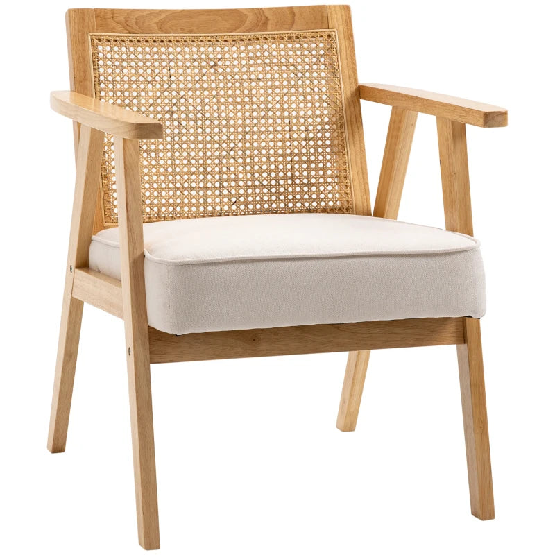 HOMCOM Comfortable Lounge Chair Rattan Chair with Thick Cushion - Rattan Backrest - Deep Seat - Hevea Wood Frame Linen-Look Beige