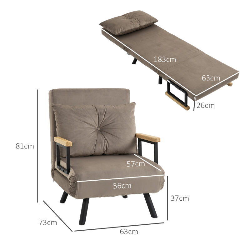 HOMCOM Sleeper Chair, Guest Bed, Adjustable Backrest, up to 120 kg, Steel Frame, 63x73x81cm, Light Brown