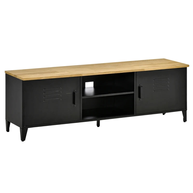HOMCOM TV Stand TV Stand for 55'' TVs with 2 Cupboards Adjustable Feet Black Metal Frame Natural Wood Top 150 x 40 x 50 cm