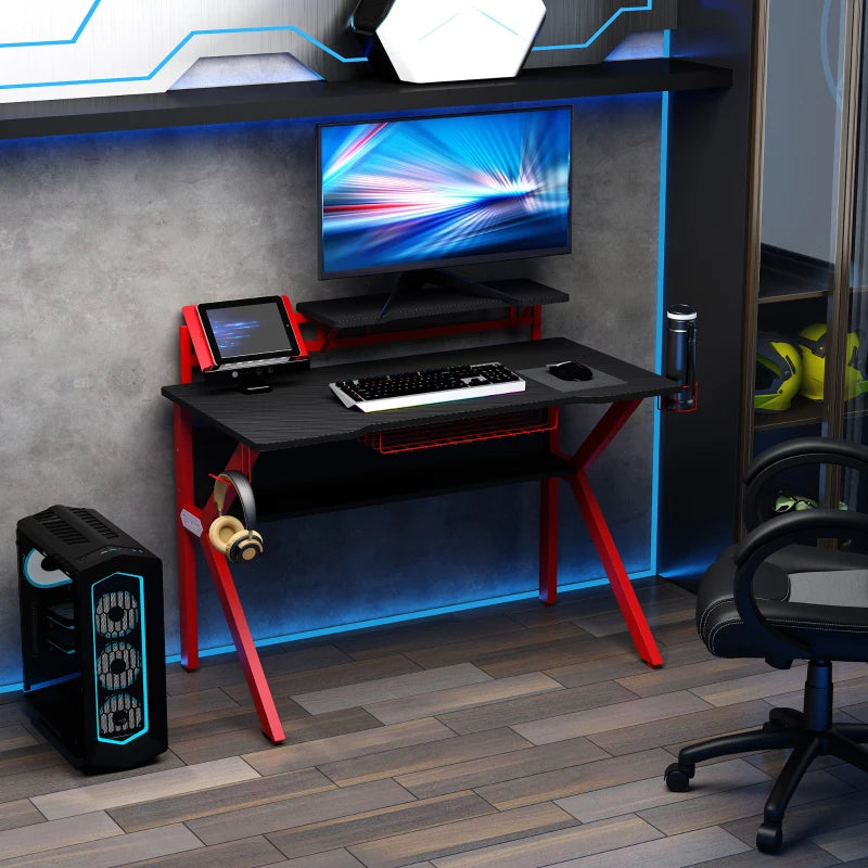 HOMCOM 136 x 66cm Gaming Desk with K Shape Legs, Computer Table with Monitor Stand, Cup Holder, Headphone Hook and Wire Basket, Red