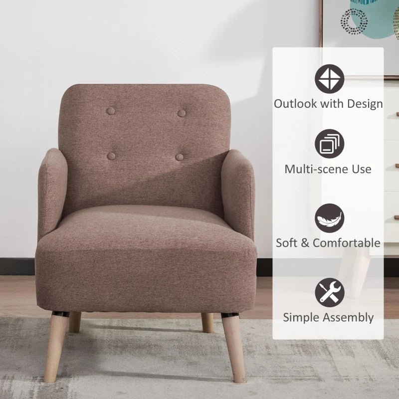 HOMCOM Upholstered Armchair, Living Room Chairs with Birch Wood Legs, Thick Padding and Button Mid-Back, Brown