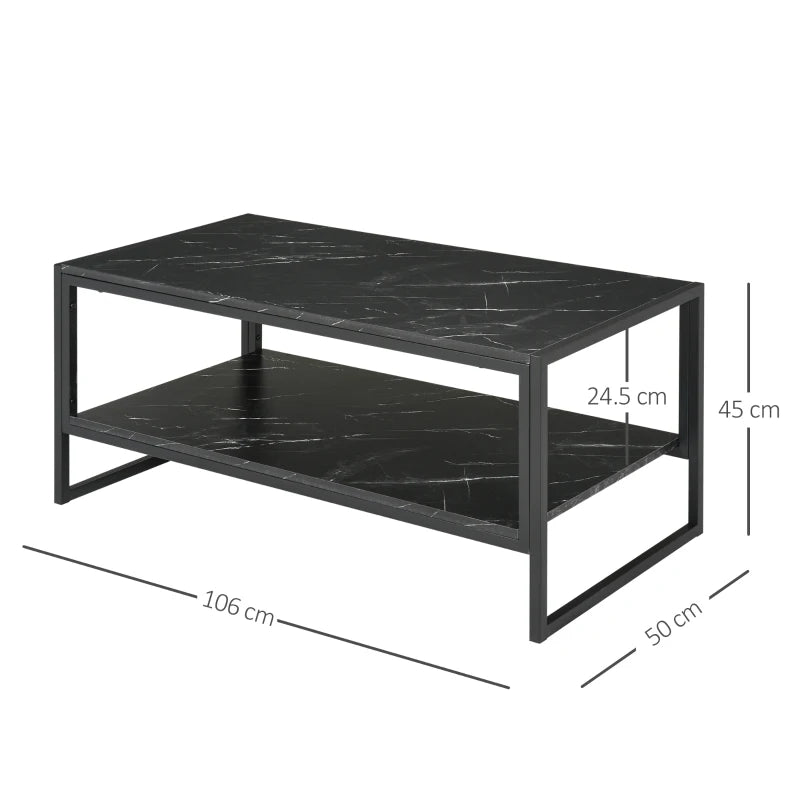 HOMCOM Coffee Table with Storage, 2-Tier Centre Table with Faux Marble Table Top, Bottom Shelf and Metal Frame, Modern Style Living Room Table, Black