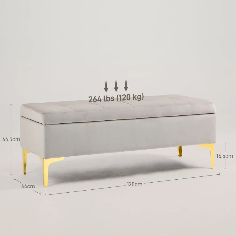 HOMCOM Storage bench tufted seat velvet look 2 in 1 metal legs 120 x 44 x 44.5 cm gray and gold