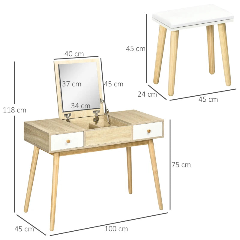 HOMCOM Dressing Table Set with Flip Top Mirror and Cushioned Stool, Makeup Vanity Dressing Table Dresser Desk with 2 Drawers and Storage Grids for Bedroom, Natural