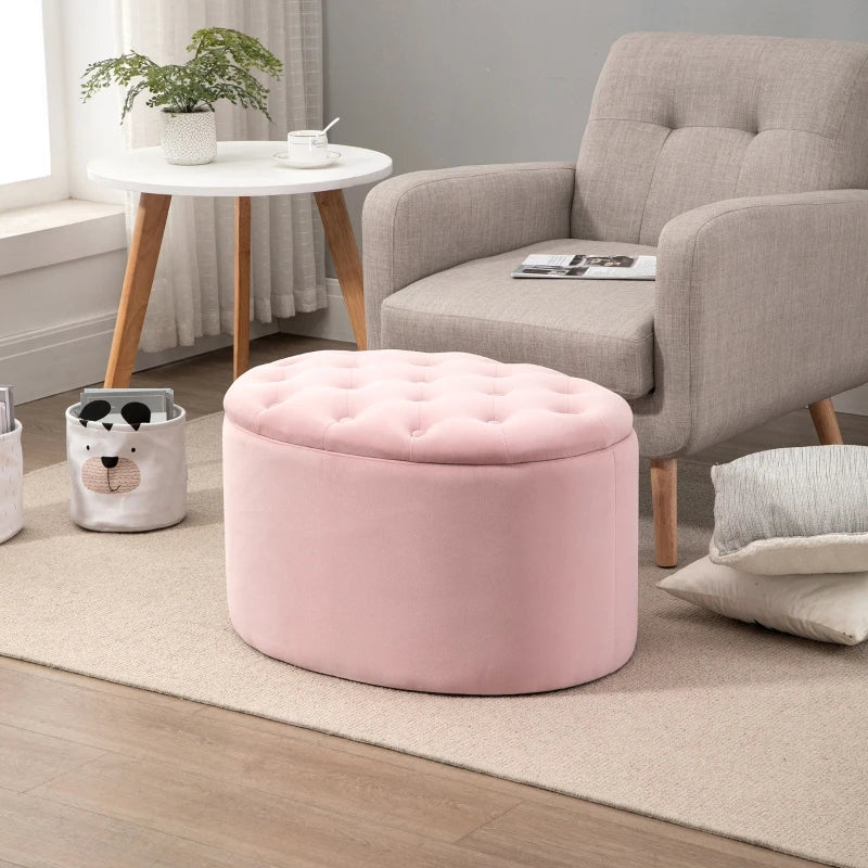 HOMCOM Bench Upholstered Ottoman with Storage Chest Oval Shape Entryway Bedroom Living Room Velvet-like Polyester Pink 71 x 52 x 42 cm