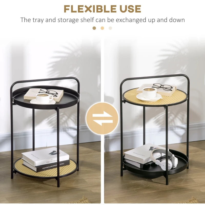 HOMCOM Round End Table, 2-Tier Side Table with Removable Tray, Rattan Top and Metal Frame, Bedside Table for Living Room, Bedroom, Black