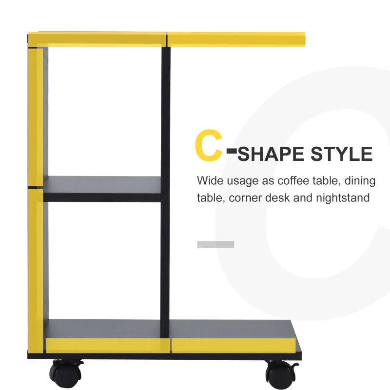 HOMCOM C-Shape End Table Unique Storage Unit w/ 2 Shelves 4 Wheels Freestanding Home Furniture Cabinet Square Black