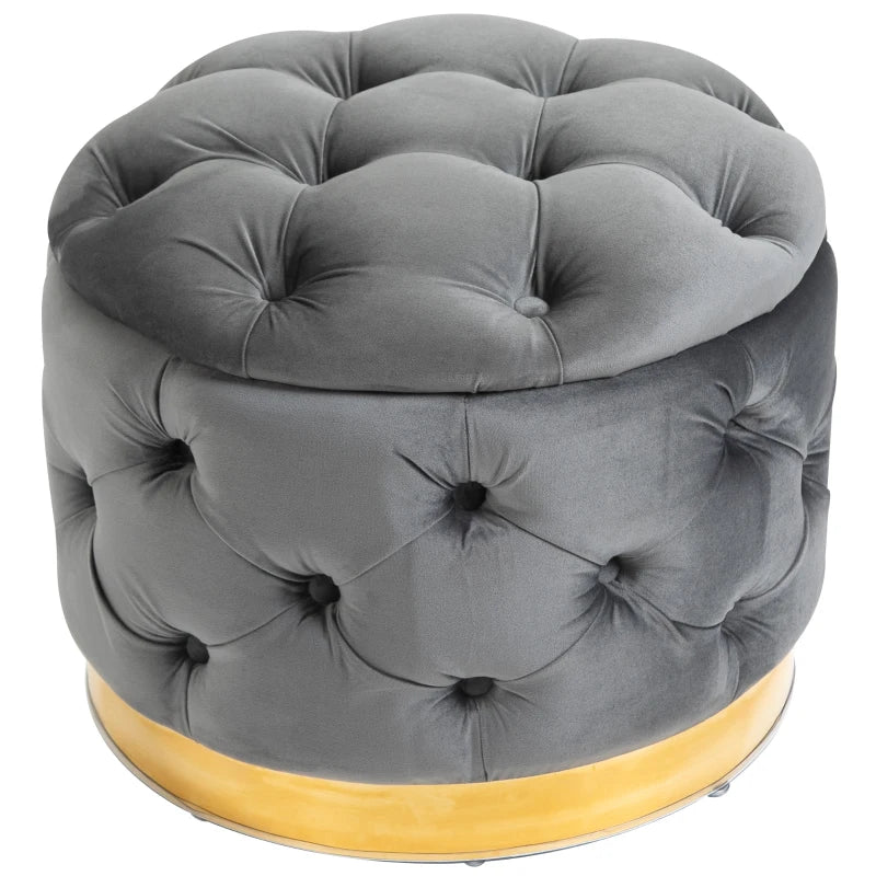 HOMCOM Round Velvet-Touch Storage Stool Ottoman Button Tufted Footrest with Removable Lid