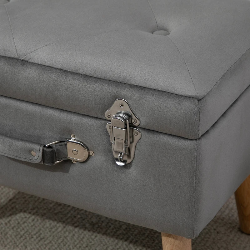 HOMCOM Upholstery Footstool, Velvet Pouffe Storage Trunk, Suitcase Style Ottoman with Wood Legs and Button Tufted Design for Bedroom, Hallway, Grey