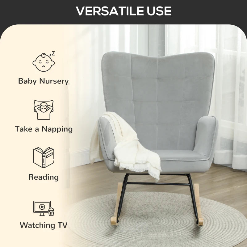 HOMCOM Rocking Chair, Thick Padding, Wide Backrest, Beech Wood/Steel Frame, Supports up to 120 kg, Light Gray