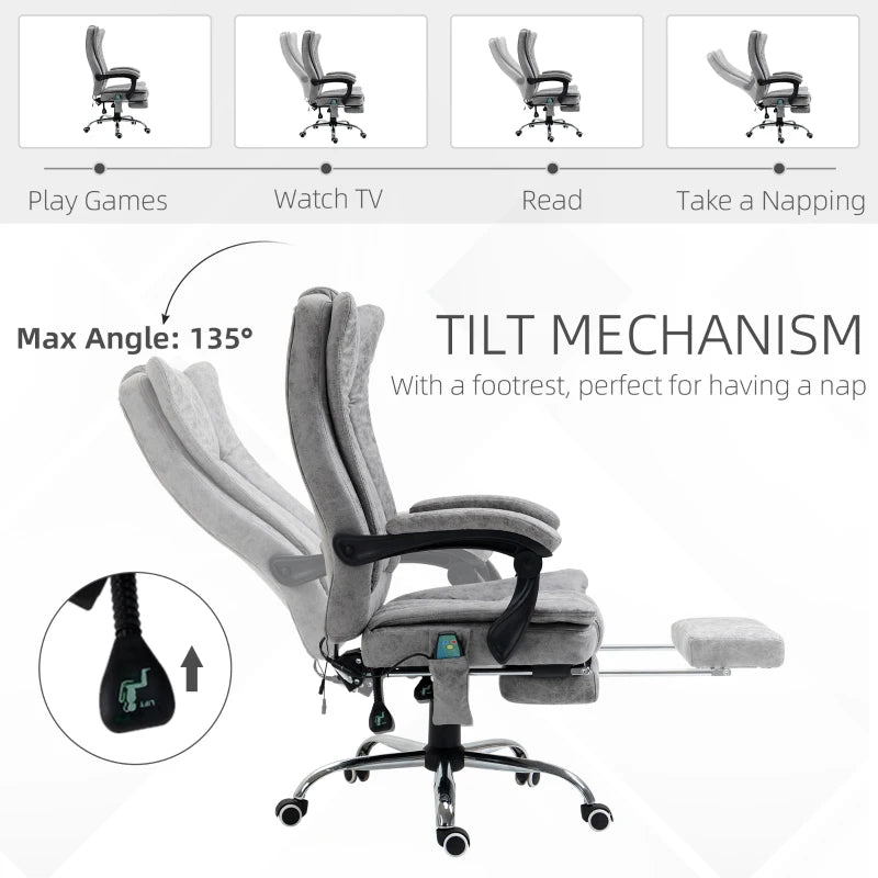 Vinsetto Office Chair with Massage and Heat, Microfibre Reclining Computer Desk Chair with Footrest and Adjustable Height, Swivel Wheels for Home Office, Grey