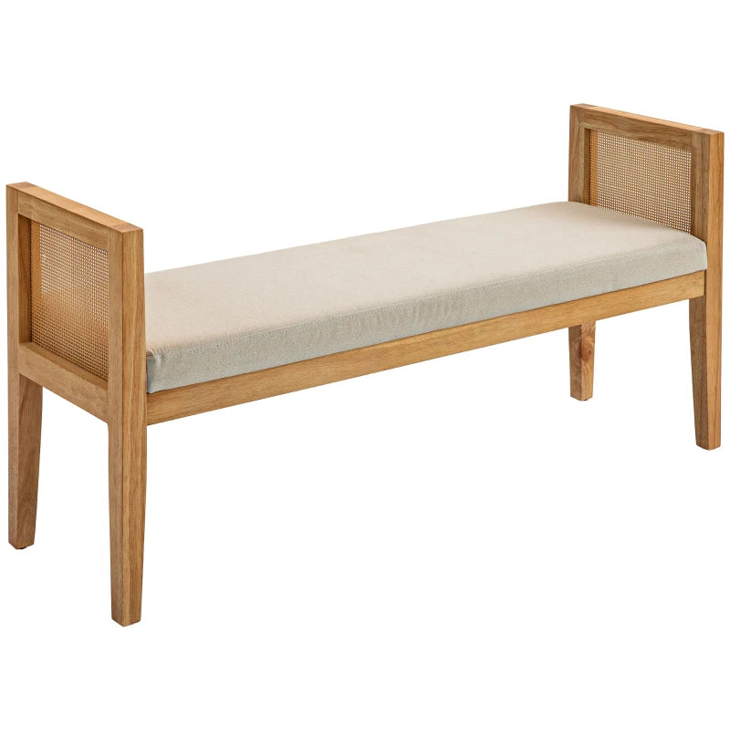 HOMCOM Linen-Look End of Bed Bench with Rattan Armrests and Solid Wood Frame 120 x 38 x 61.5 cm Beige