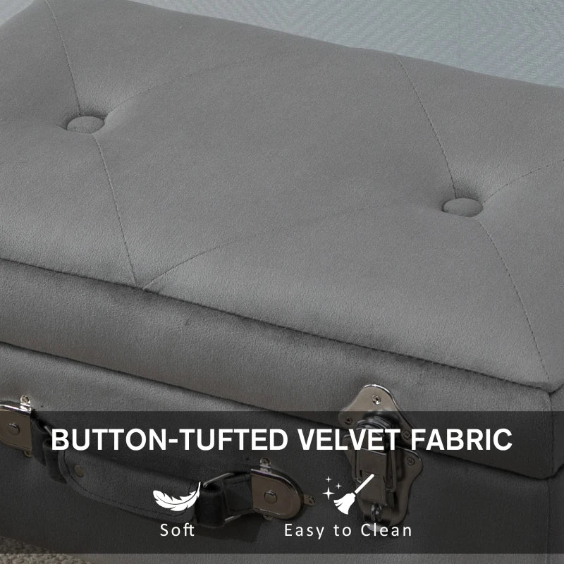 HOMCOM Upholstery Footstool, Velvet Pouffe Storage Trunk, Suitcase Style Ottoman with Wood Legs and Button Tufted Design for Bedroom, Hallway, Grey
