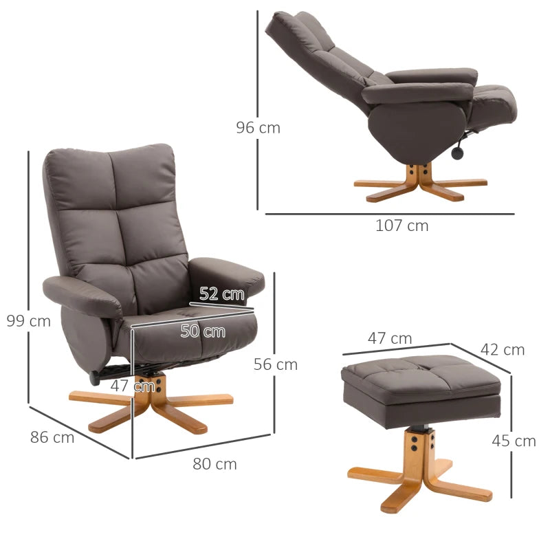 HOMCOM Relax Armchair with Footstool, Storage, Padded TV Chair with Reclining Function, 360° Swivel TV Chair for Bedroom, Living Room, Artificial Leather, Brown