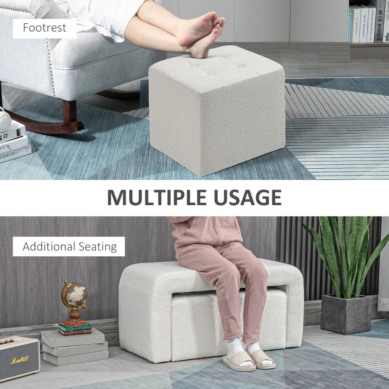 HOMCOM Ottoman Set of 3, Button Tufting, 89 cm x 42.5 cm x 45 cm, Cream