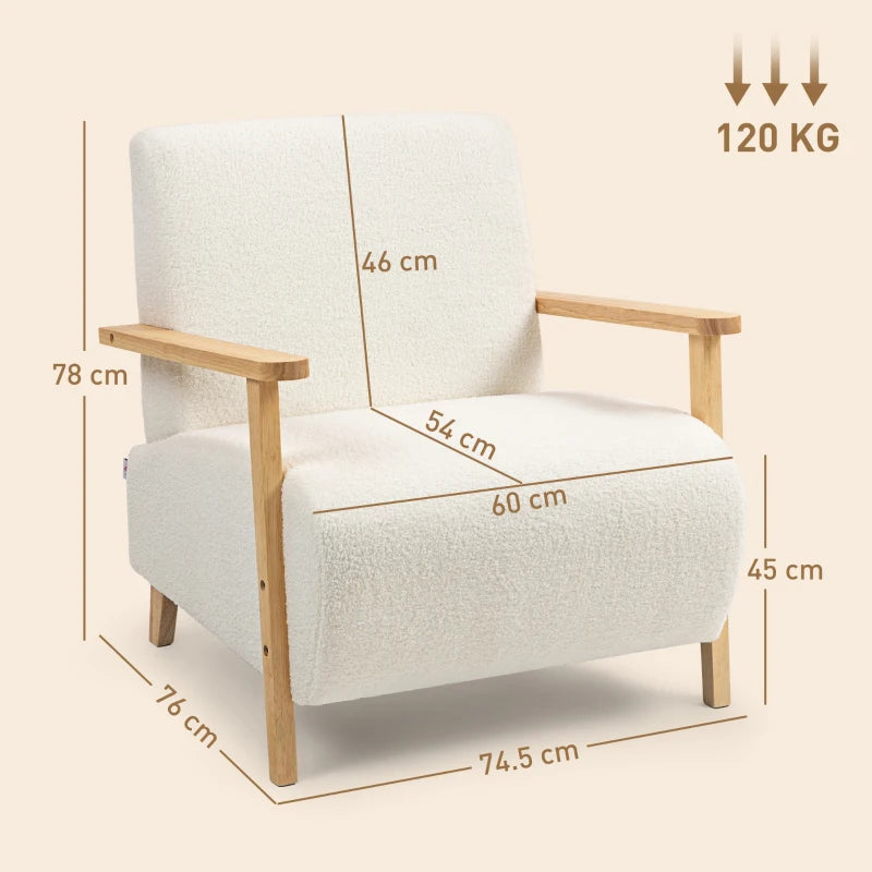 HOMCOM Armchair, Sherpa Fabric Accent Chair, Nordic Comfy Upholstered Reading Lounge with Wood Legs and Armrests for Bedroom