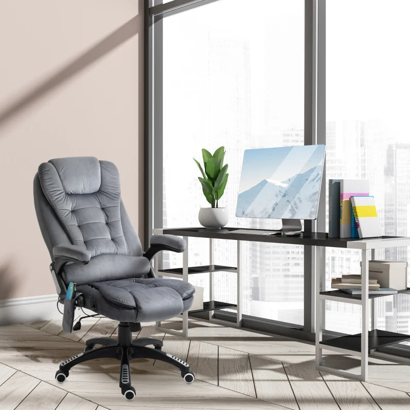 Vinsetto Massage Office Chair Recliner, Ergonomic Gaming Heated Home Office Padded & Swivel Base, Velvet-Feel Fabric, Grey
