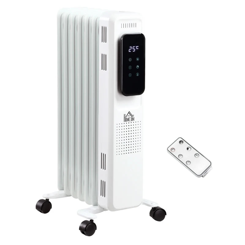 HOMCOM 1630W Oil Filled Radiator with 7 Fins, Portable Electric Heater with 24H Timer, 3 Power Settings, Safety Cut-off and Remote, White