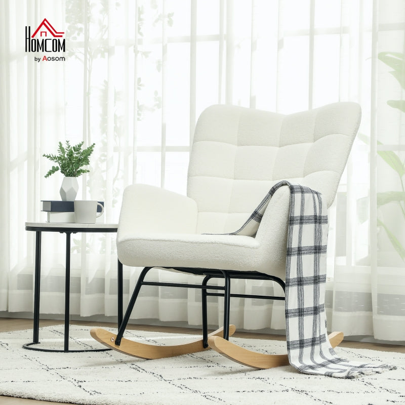 HOMCOM Rocking Chair in Fleece Look with Armrests, Ergonomic Armchair with Wooden Rockers, for Living Room, Bedroom, White