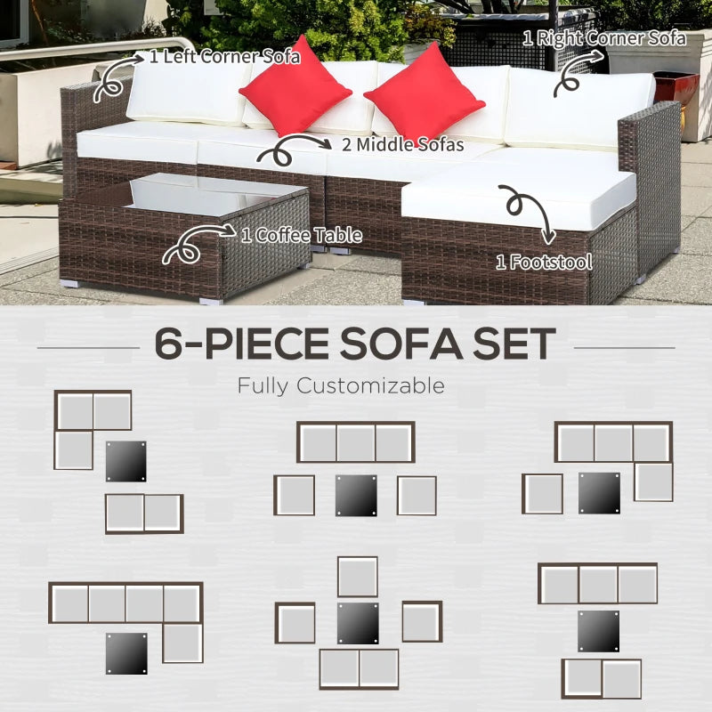 Outsunny 6 Pieces Outdoor Rattan Corner Sofa Set - Patio Aluminium Frame with All-Weather Wicker Conversation Furniture, Coffee Table & Cushions, Cream White