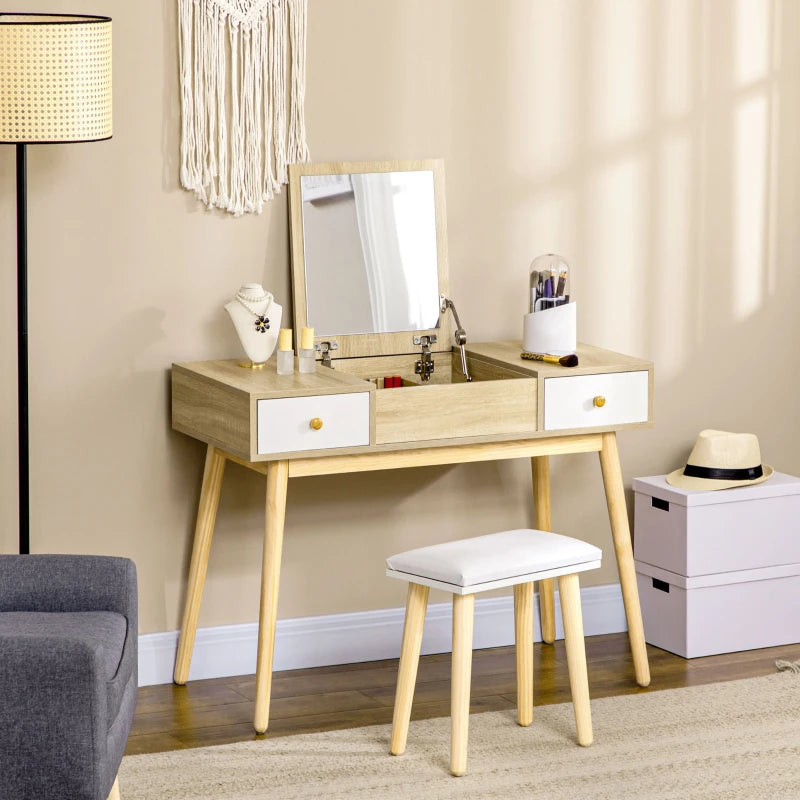 HOMCOM Dressing Table Set with Flip Top Mirror and Cushioned Stool, Makeup Vanity Dressing Table Dresser Desk with 2 Drawers and Storage Grids for Bedroom, Natural