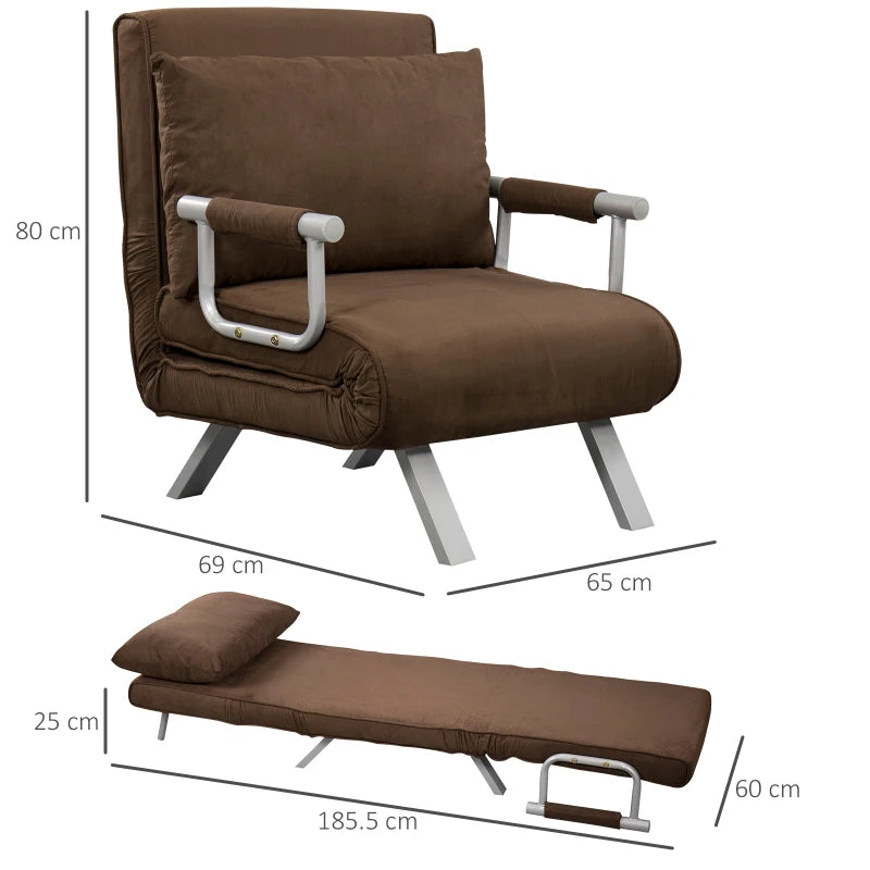 HOMCOM Convertible 1-Seater Armchair Sofa Bed with Removable Quilted Upholstery Grand Comfort Cushion Metal Armrests Suede Brown