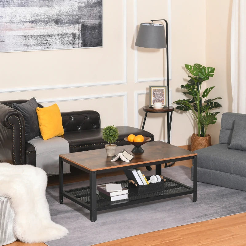 HOMCOM Industrial Coffee Table, 2-tier Coffee Table with Mesh Bottom Shelf and Steel Frame, Retro Living Room Table, Rustic Brown