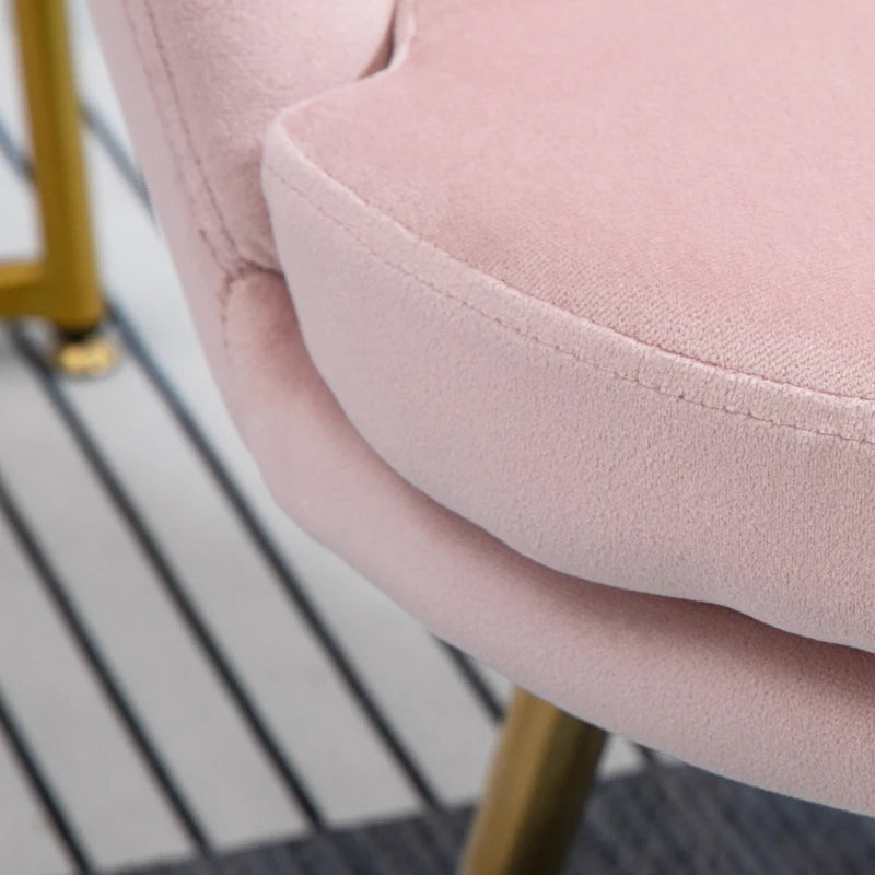 HOMCOM Shell Chair Vanity Chair Velvet Chair Living Room Chair with Golden Metal Legs for Living Room Bedroom and Dining Room 67L x 64W x 77H cm Powder Pink