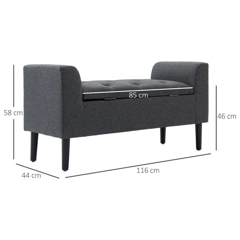 HOMCOM Storage Bench Upholstered Ottoman Storage Chest Supports up to 130 kg Linen-Touch Rubberwood Dark Gray 116 x 44 x 58 cm