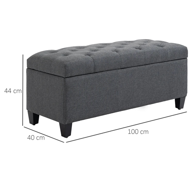 HOMCOM Upholstered Storage Bench Ottoman Classic Design with Linen-Like Fabric and Rubberwood Legs, Dark Grey