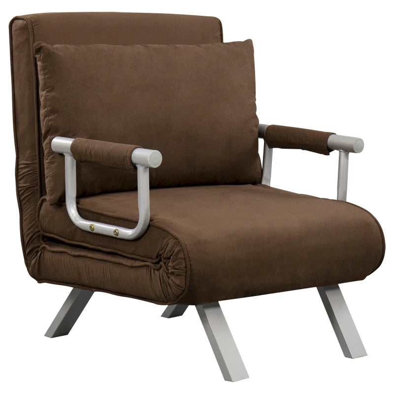 HOMCOM Convertible 1-Seater Armchair Sofa Bed with Removable Quilted Upholstery Grand Comfort Cushion Metal Armrests Suede Brown