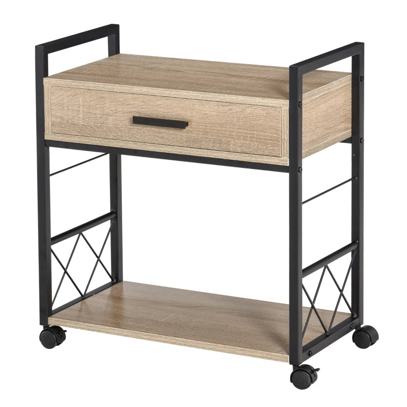 HOMCOM Side Table Serving Trolley with Wheels Kitchen Cart Coffee Table with Drawer Shelf Mobile Particle Board Natural 60 x 30 x 65 cm