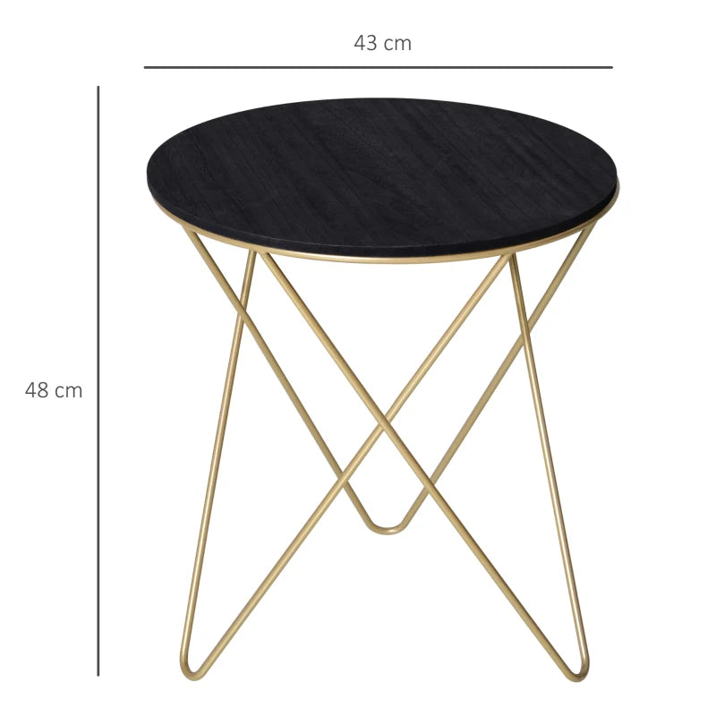 HOMCOM Round End Table, Sofa Side Table with Wood Grain Top and Metal Crossed Legs, Accent Coffee Table for Living Room, Bedroom, Black, Gold Tone