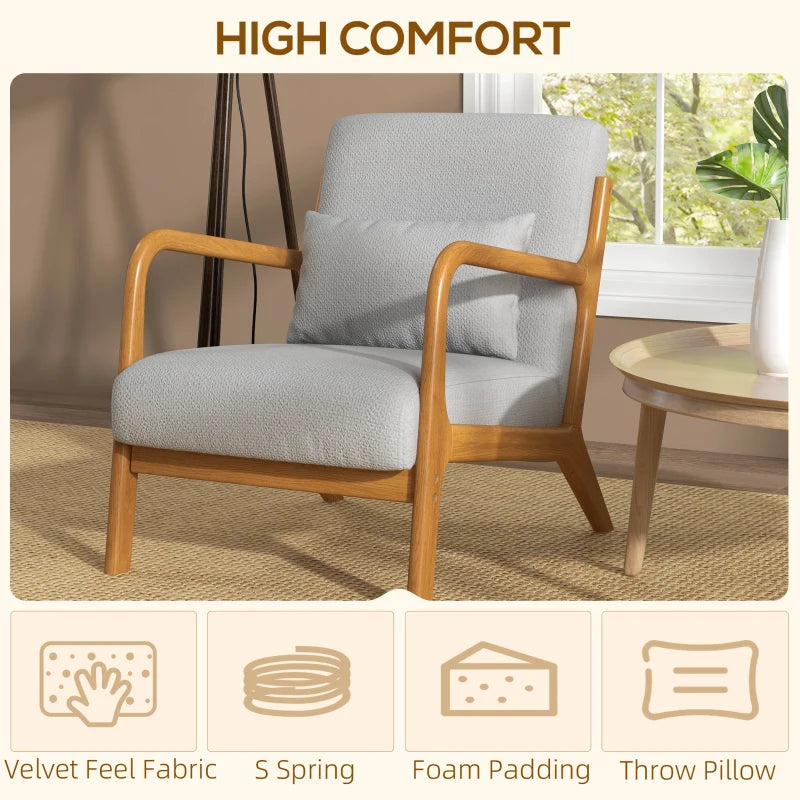 HOMCOM Lounge Armchair with Solid Wood Frame Lounge Chair - Deep Seat - Armrests - Light Gray Velvet Look