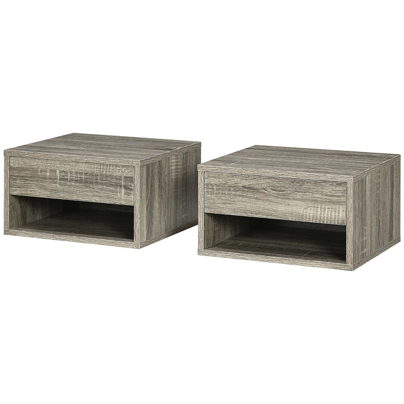 HOMCOM Set of Two Floating Bedside Tables Wall Mounted Nightstands with Drawer and Shelf for Bedroom, Brown Wood-Effect